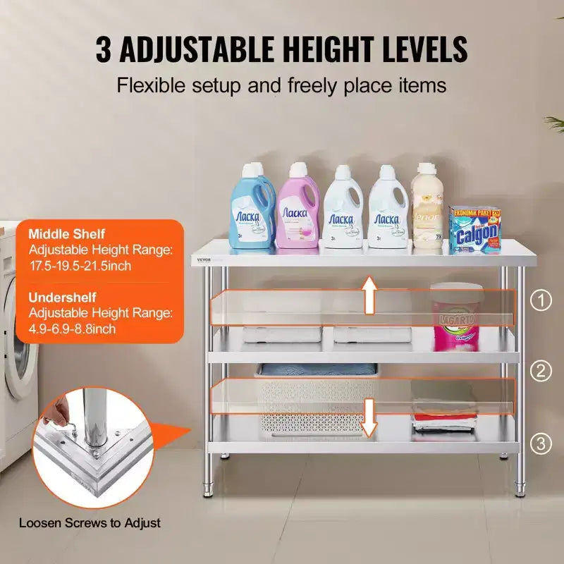 34" Stainless Steel Food Prep Table with 2 Adjustable Undershelves, Heavy Duty Metal, Silver