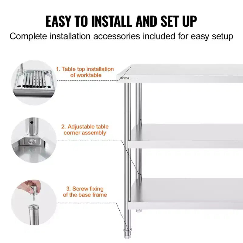 34" Stainless Steel Food Prep Table with 2 Adjustable Undershelves, Heavy Duty Metal, Silver