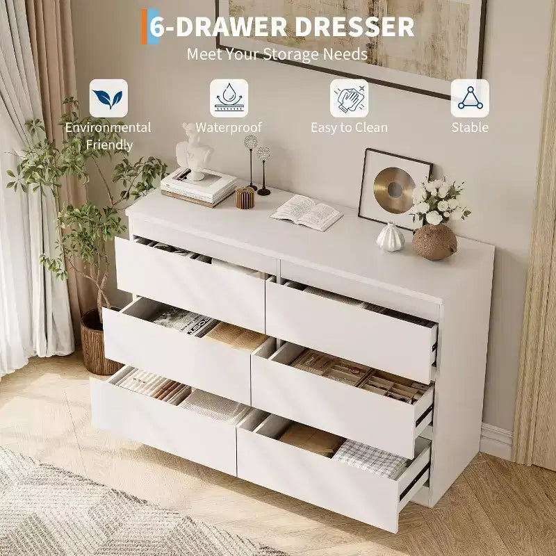 6-Drawer Dresser, Simply Modern Chest of Drawers for Bedroom, White