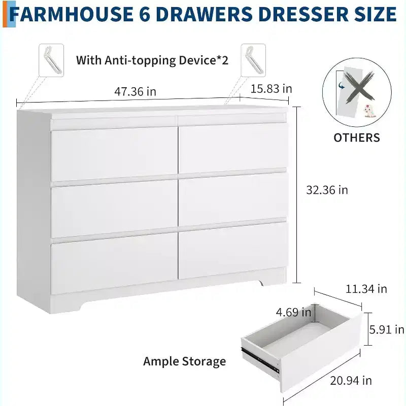 6-Drawer Dresser, Simply Modern Chest of Drawers for Bedroom, White