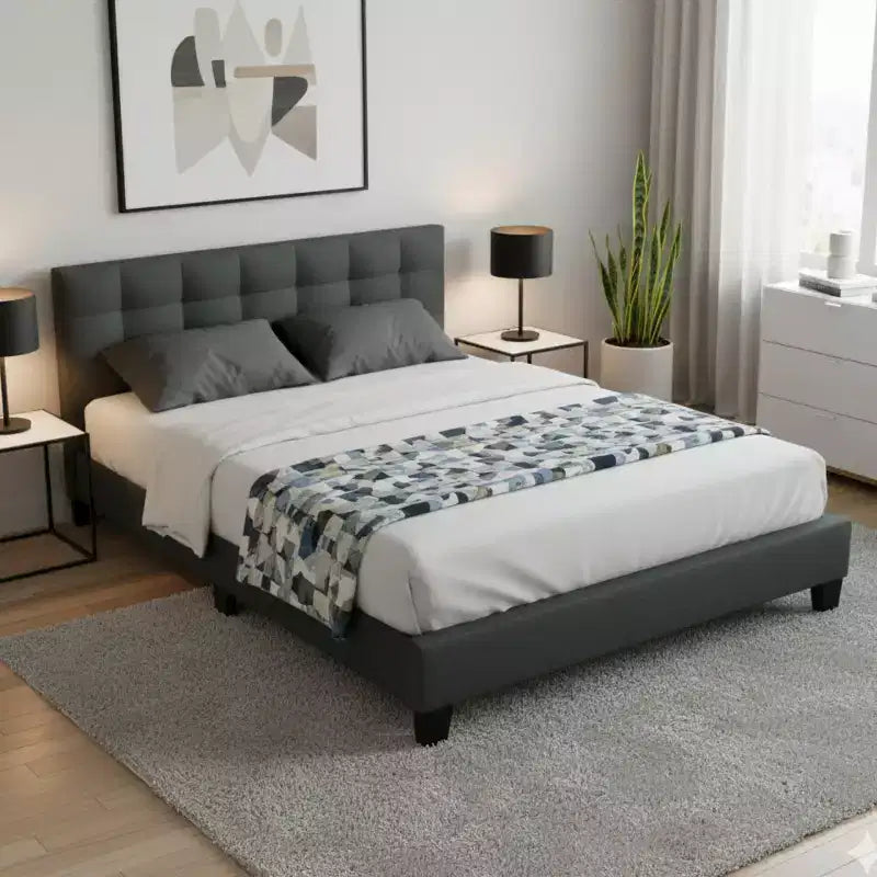 Contemporary Wood Upholstered Platform Bed with Tufted Headboard