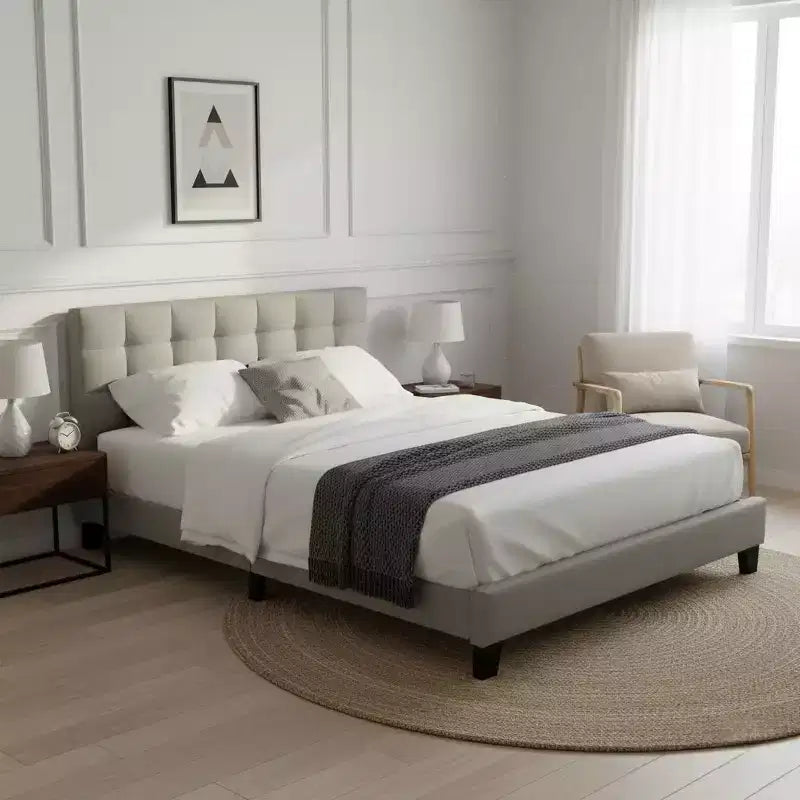 Contemporary Wood Upholstered Platform Bed with Tufted Headboard