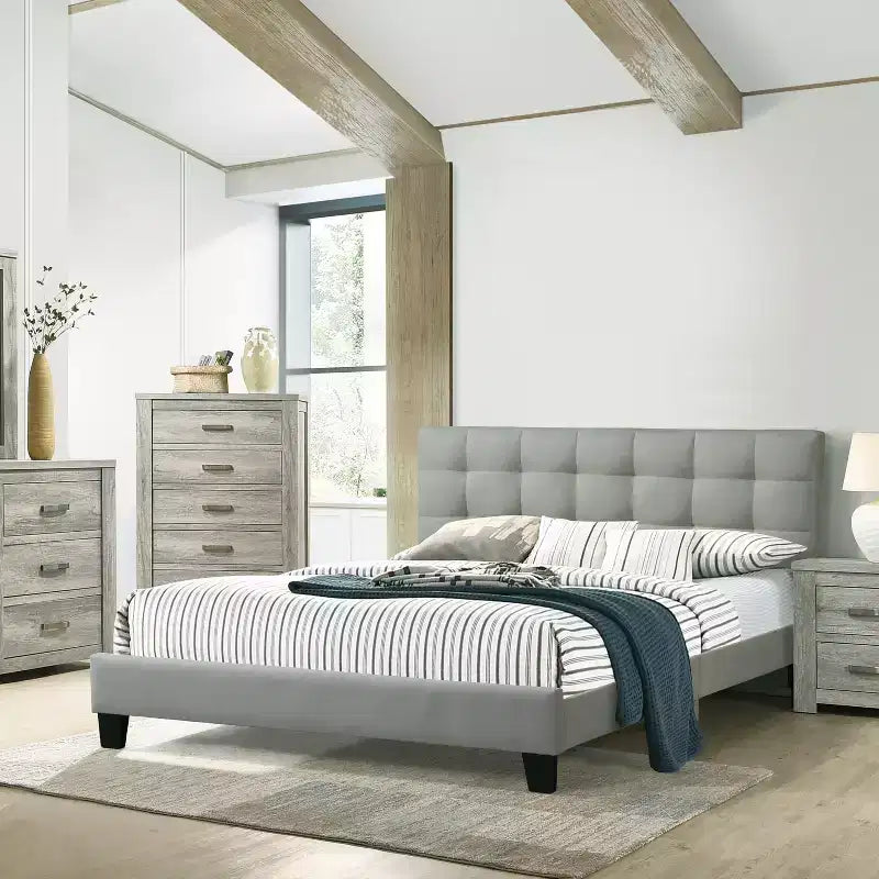 Contemporary Wood Upholstered Platform Bed with Tufted Headboard