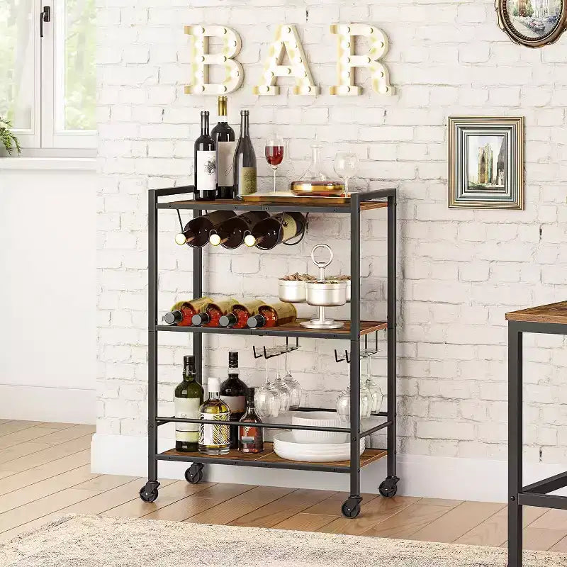 3-Tier Rolling Bar Cart with Wine Rack & Glass Holder, Rustic Brown & Black Kitchen/Coffee/Wine Cart