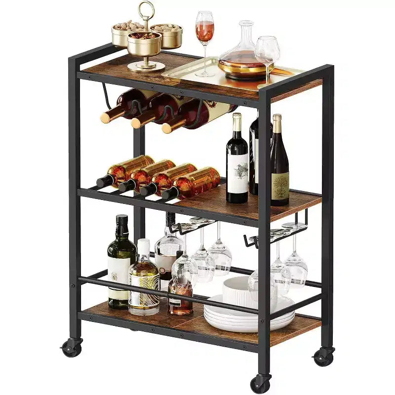 3-Tier Rolling Bar Cart with Wine Rack & Glass Holder, Rustic Brown & Black Kitchen/Coffee/Wine Cart