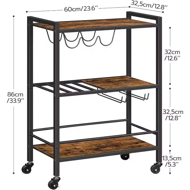 3-Tier Rolling Bar Cart with Wine Rack & Glass Holder, Rustic Brown & Black Kitchen/Coffee/Wine Cart