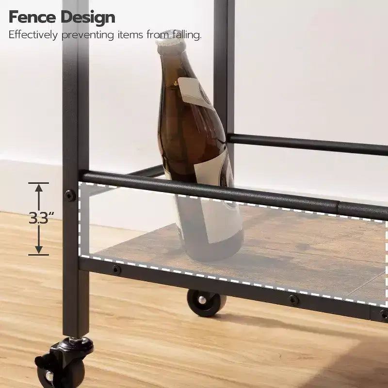 3-Tier Rolling Bar Cart with Wine Rack & Glass Holder, Rustic Brown & Black Kitchen/Coffee/Wine Cart