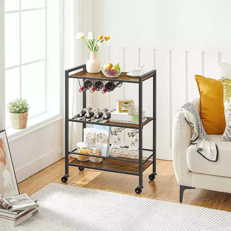 3-Tier Rolling Bar Cart with Wine Rack & Glass Holder, Rustic Brown & Black Kitchen/Coffee/Wine Cart