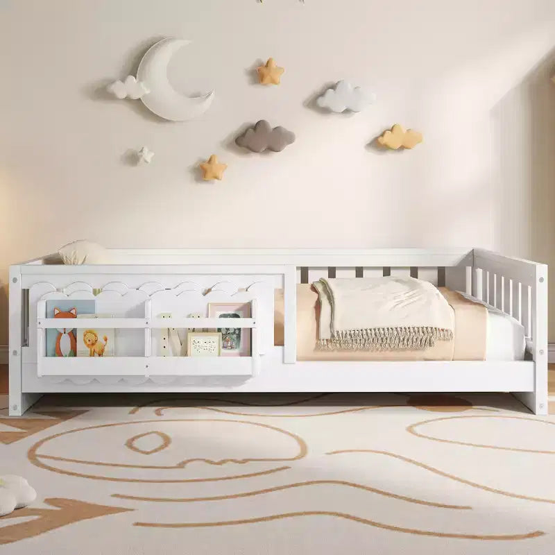 Twin/Full Size Kid Platform Bed Frame Toddler Bed with Guardrail and Storage Shelves