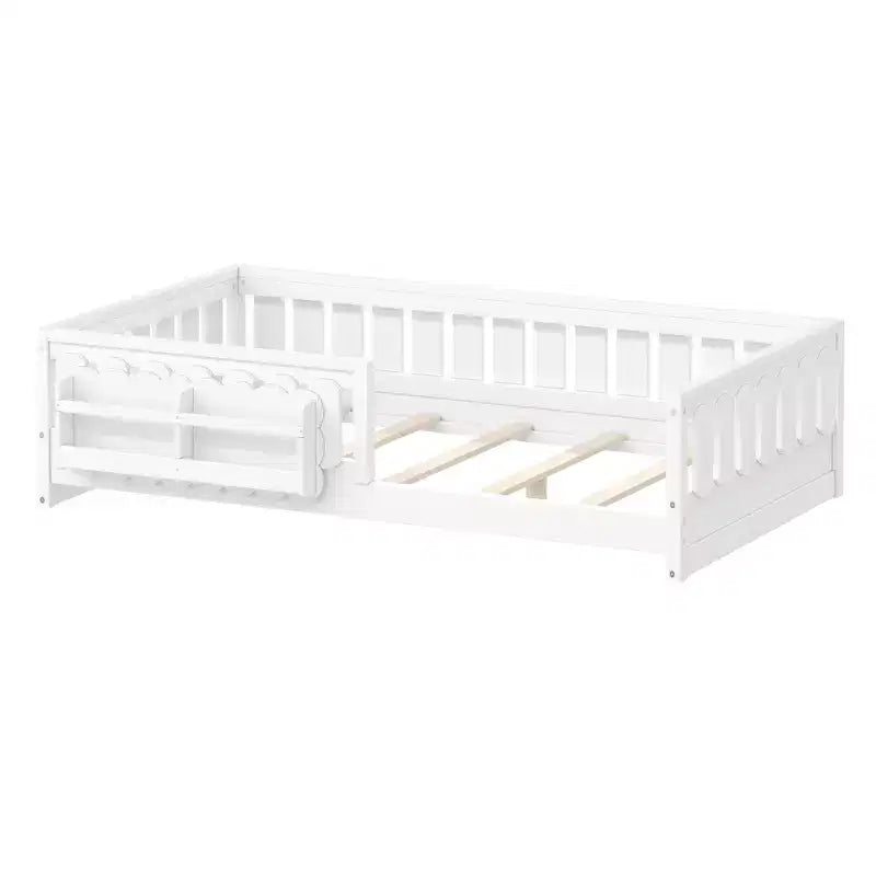 Twin/Full Size Kid Platform Bed Frame Toddler Bed with Guardrail and Storage Shelves