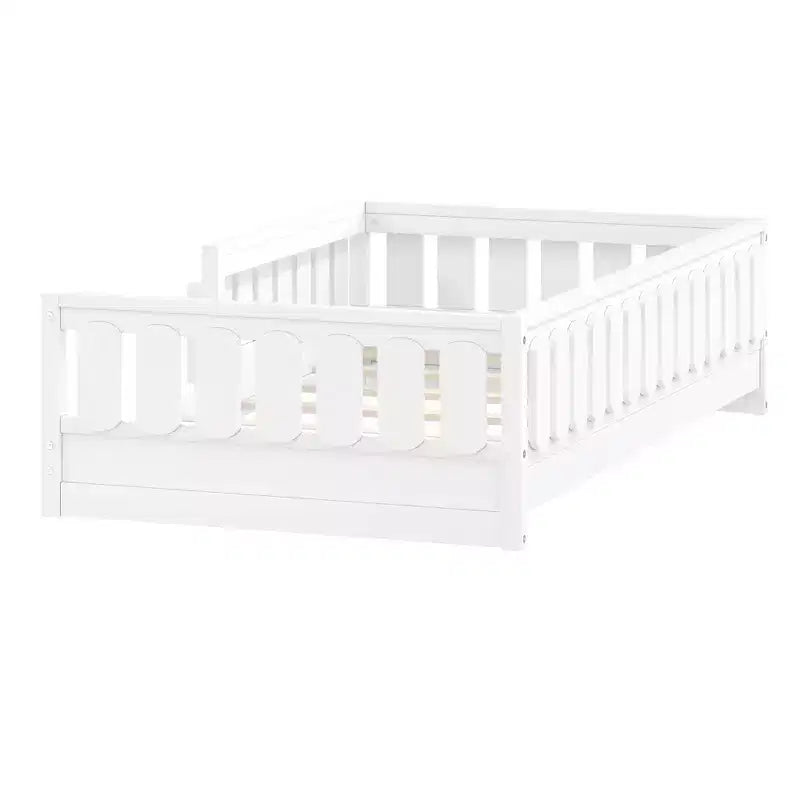 Twin/Full Size Kid Platform Bed Frame Toddler Bed with Guardrail and Storage Shelves