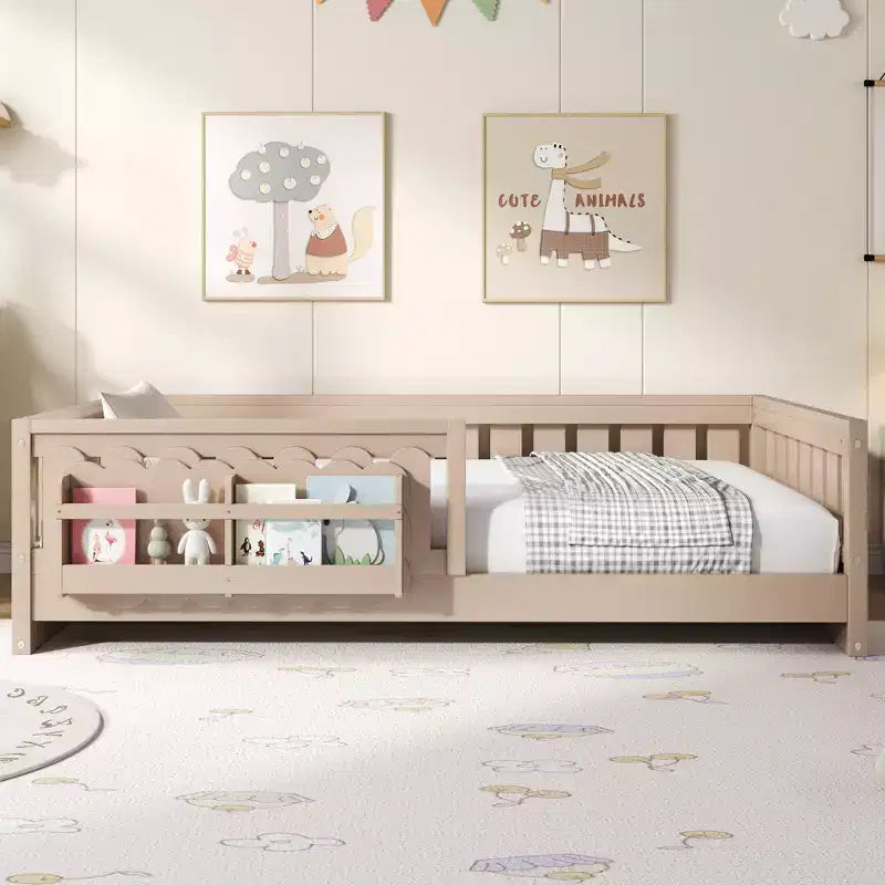 Twin/Full Size Kid Platform Bed Frame Toddler Bed with Guardrail and Storage Shelves