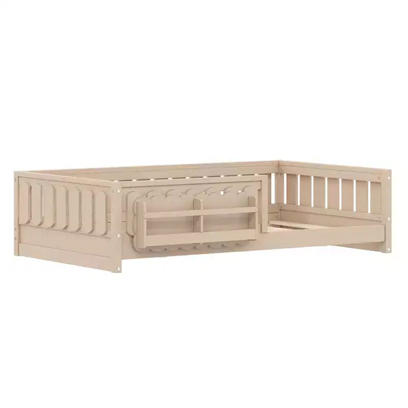 Twin/Full Size Kid Platform Bed Frame Toddler Bed with Guardrail and Storage Shelves