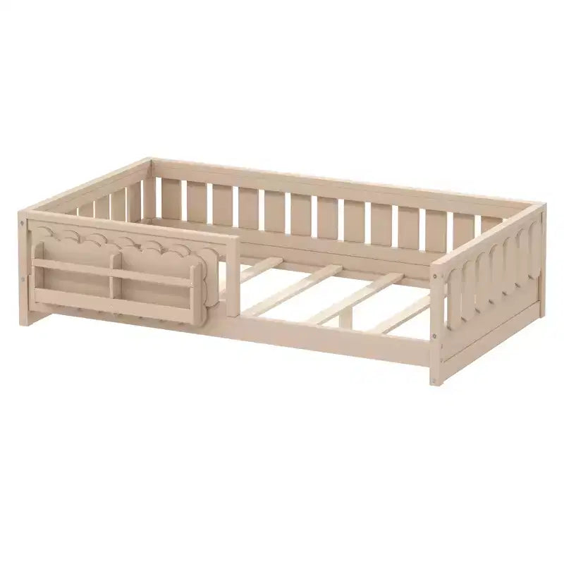 Twin/Full Size Kid Platform Bed Frame Toddler Bed with Guardrail and Storage Shelves