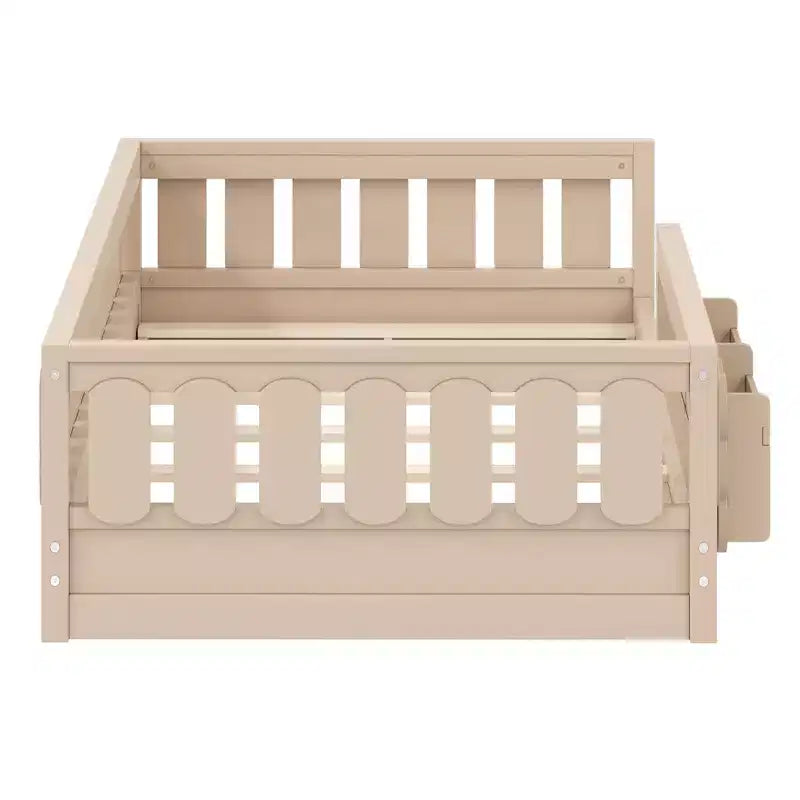 Twin/Full Size Kid Platform Bed Frame Toddler Bed with Guardrail and Storage Shelves