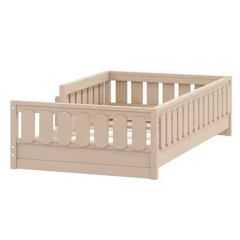 Twin/Full Size Kid Platform Bed Frame Toddler Bed with Guardrail and Storage Shelves