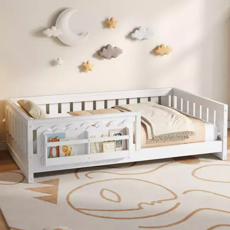 Twin/Full Size Kid Platform Bed Frame Toddler Bed with Guardrail and Storage Shelves