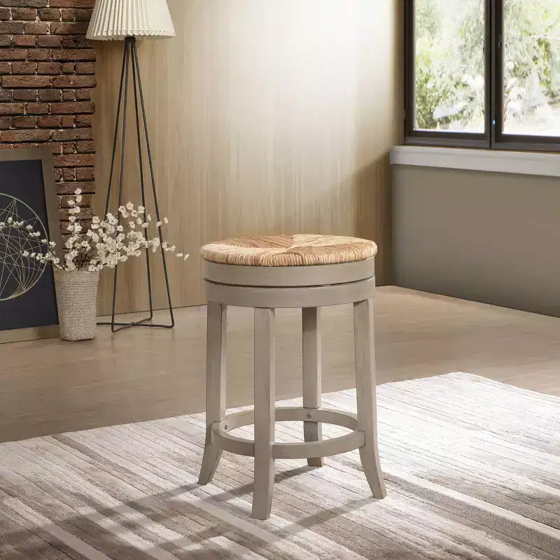 24" Swivel Rush Seat Counter Height Barstool Weathered Gray: Solid Wood, Indoor Use
