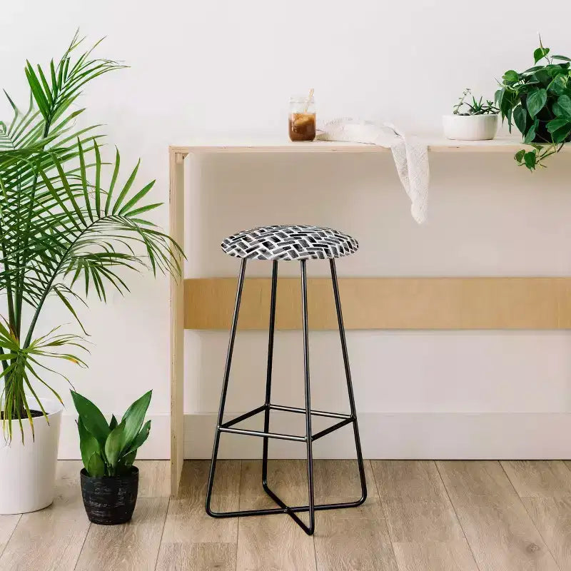 30" Upholstered Barstool, Black Steel Frame, Geometric Herringbone Pattern