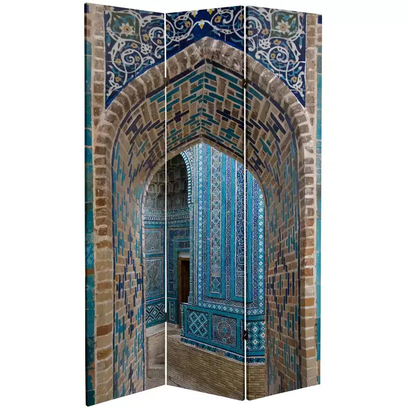 6-Panel Double Sided Heavenly Archways Canvas Room Divider, Blue/Beige