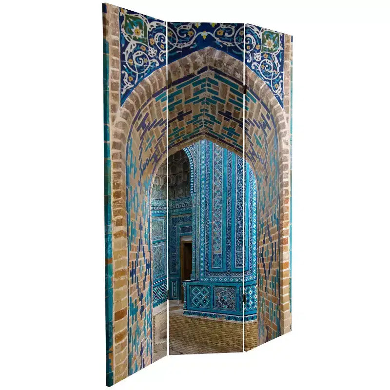 6-Panel Double Sided Heavenly Archways Canvas Room Divider, Blue/Beige