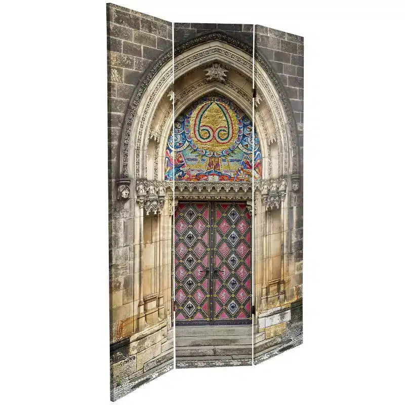 6-Panel Double Sided Heavenly Archways Canvas Room Divider, Blue/Beige