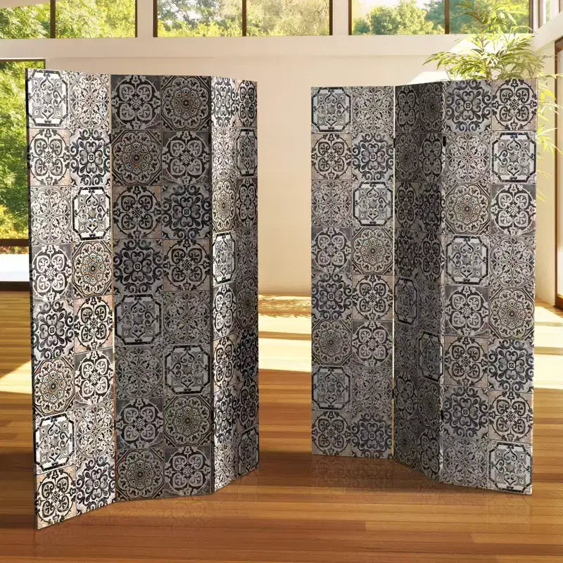 6-Panel Double Sided Victorian Tile Canvas Room Divider, Beige