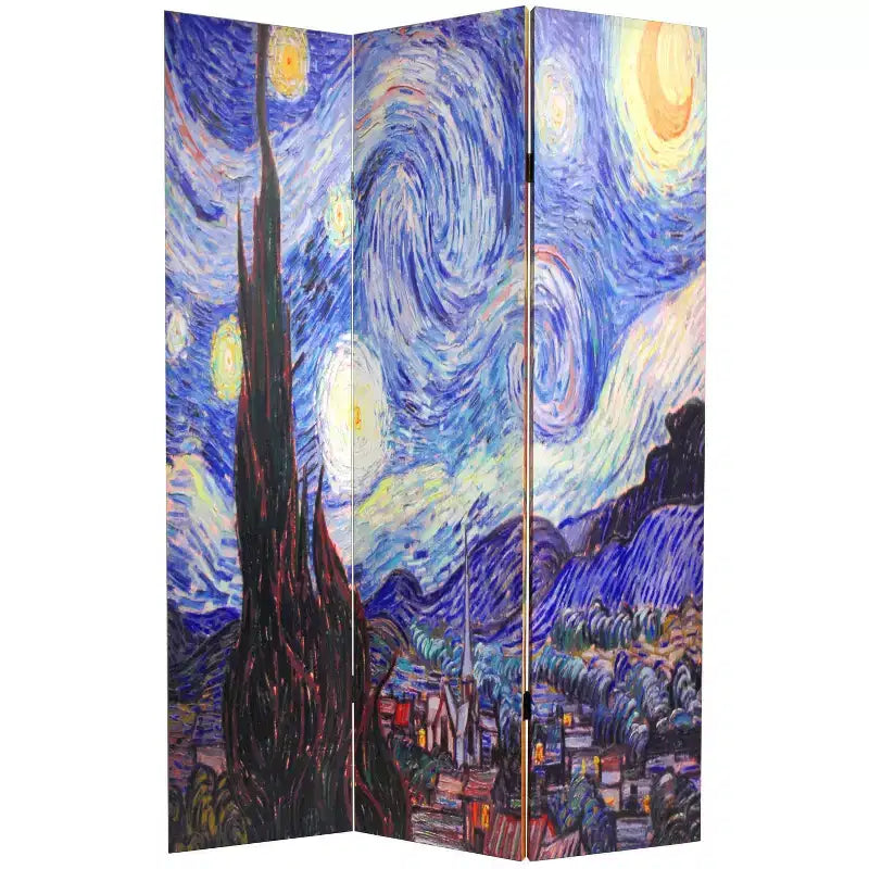 71" Van Gogh Canvas Room Divider: Starry Night & Sunflowers, Folding Partition