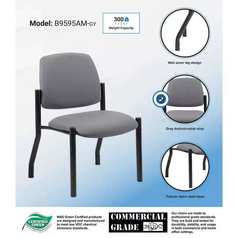 Armless Guest Chair, Gray — Sturdy Mid Back, Antimicrobial Vinyl, 300 lbs Capacity