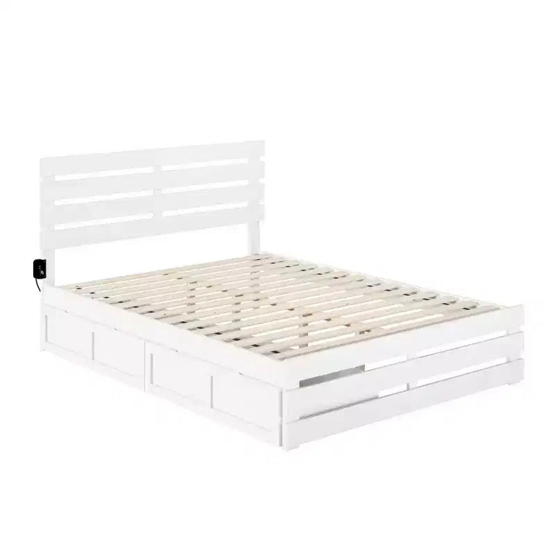 Queen Oxford Bed with Footboard and USB Turbo Charger with 2 XL Drawers White - AFI: Farmhouse Style, Painted Wood, Platform Design