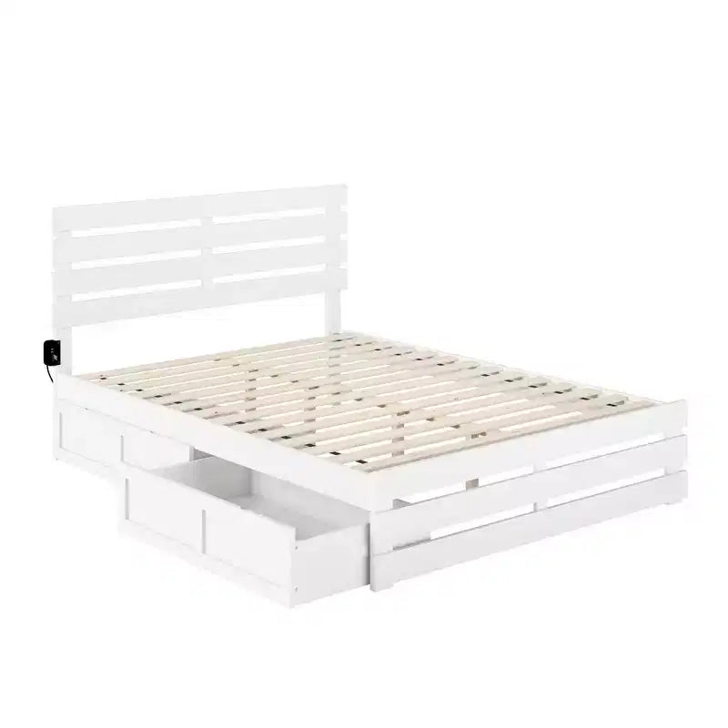 Queen Bed with Footboard, USB Turbo Charger & 2 XL Drawers, White — Farmhouse Style, Painted Wood, Platform Design