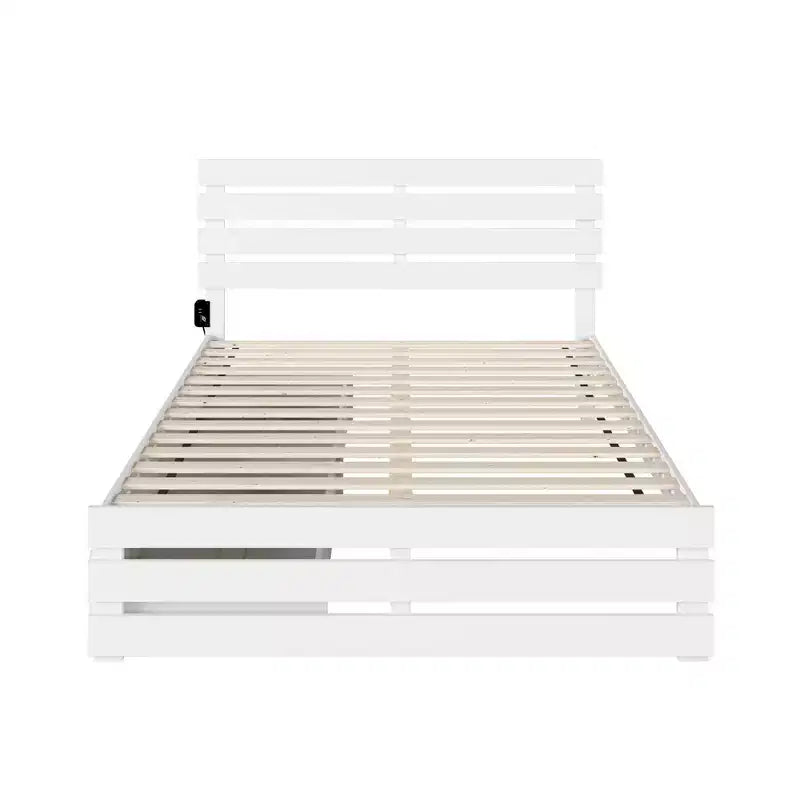 Queen Bed with Footboard, USB Turbo Charger & 2 XL Drawers, White — Farmhouse Style, Painted Wood, Platform Design