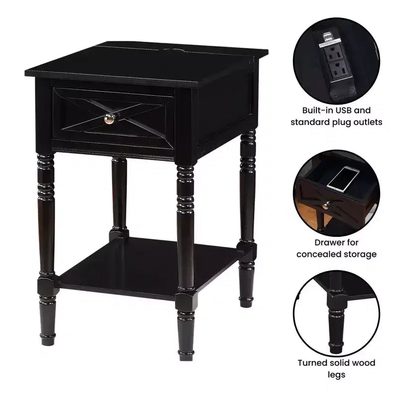End Table with Charging Station, Black