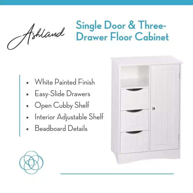 Single Door Bathroom and Laundry Storage Cabinet with 3 Drawers, Open and Adjustable Shelf