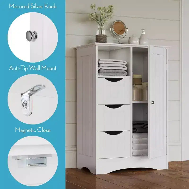 Single Door Bathroom and Laundry Storage Cabinet with 3 Drawers, Open and Adjustable Shelf