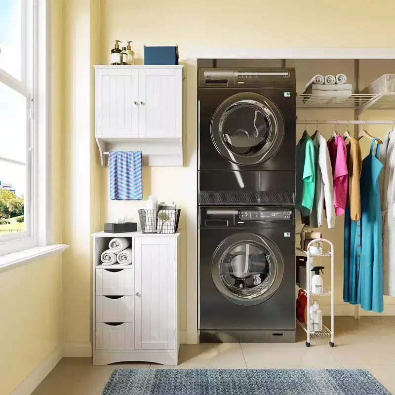 Single Door Bathroom and Laundry Storage Cabinet with 3 Drawers, Open and Adjustable Shelf