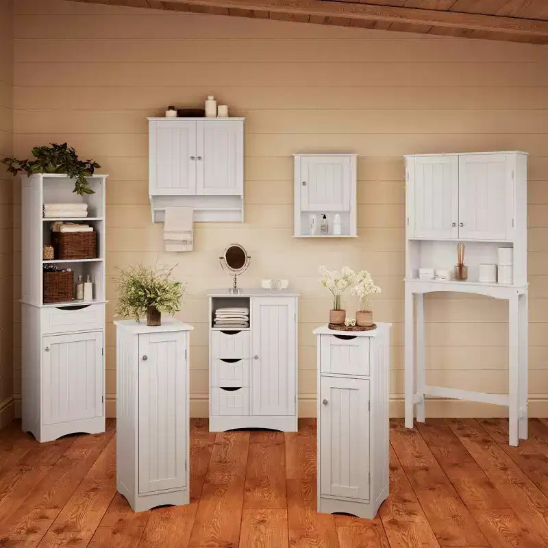 Single Door Bathroom and Laundry Storage Cabinet with 3 Drawers, Open and Adjustable Shelf