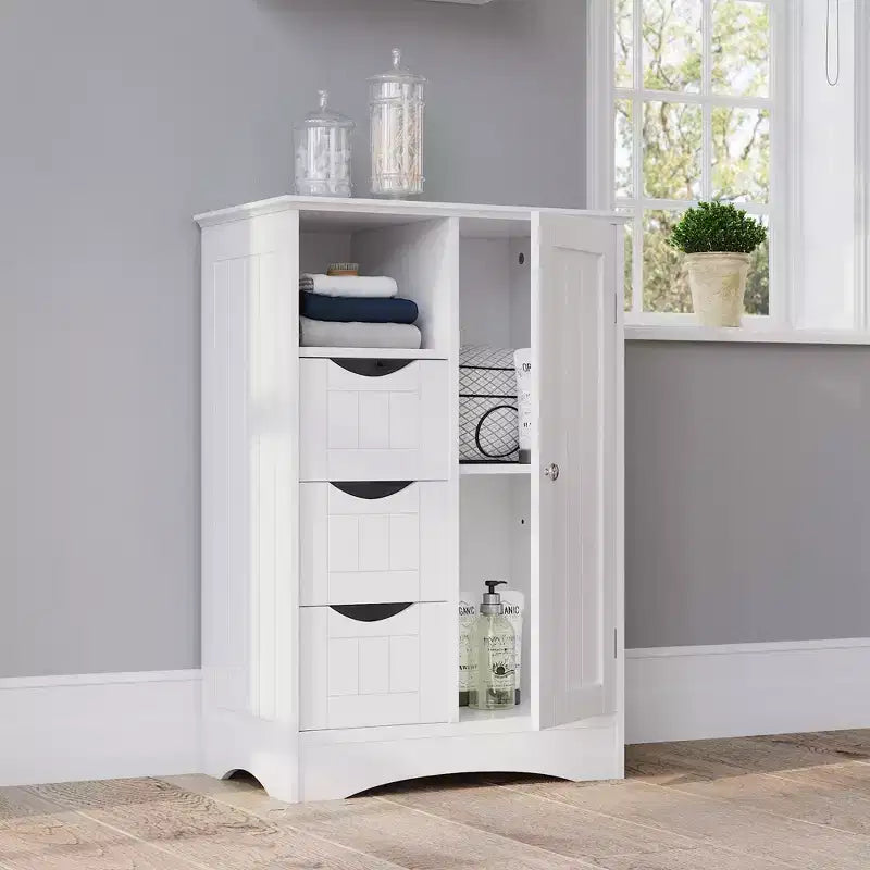 Single Door Bathroom and Laundry Storage Cabinet with 3 Drawers, Open and Adjustable Shelf