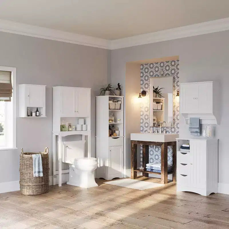 Single Door Bathroom and Laundry Storage Cabinet with 3 Drawers, Open and Adjustable Shelf