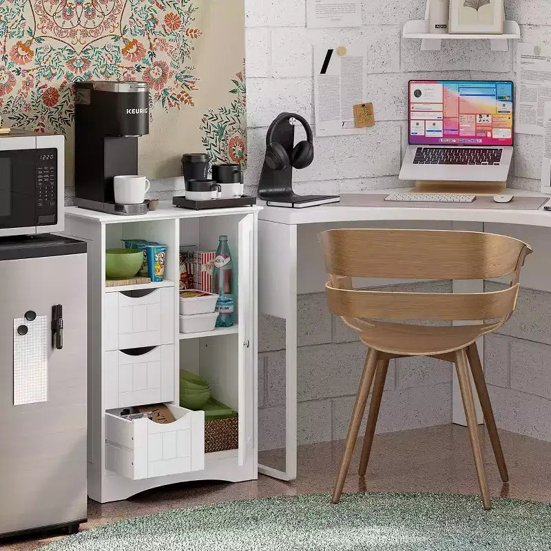 Single Door Bathroom and Laundry Storage Cabinet with 3 Drawers, Open and Adjustable Shelf