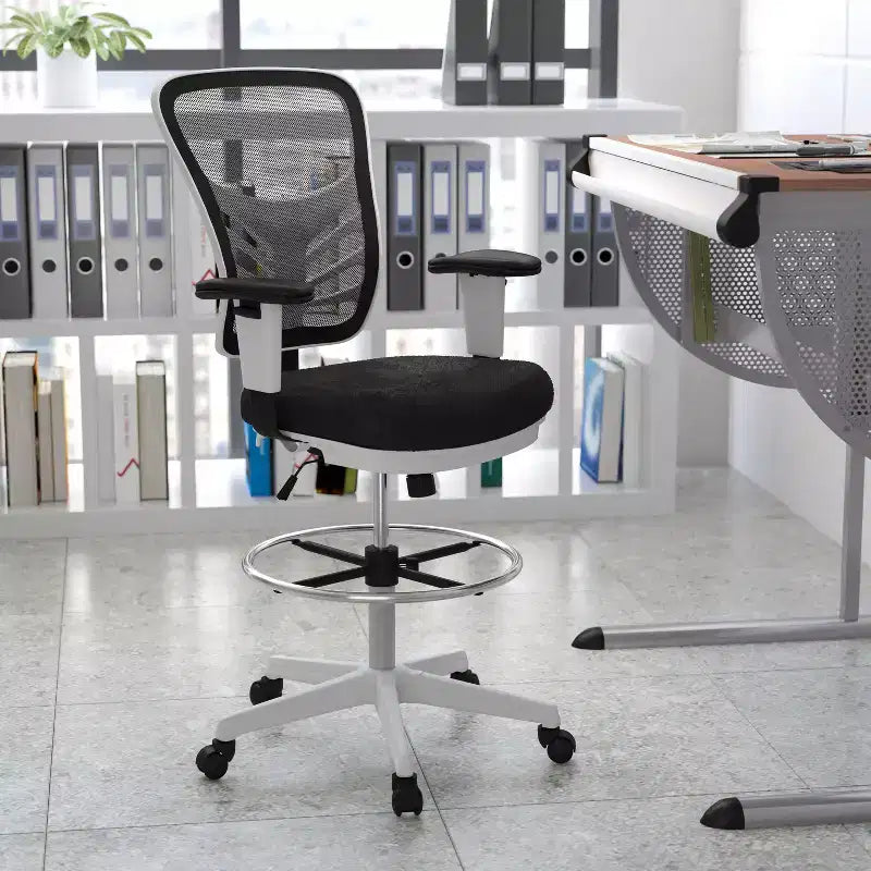 Mid-Back Mesh Ergonomic Drafting Chair with Adjustable Chrome Foot Ring, Adjustable Arms