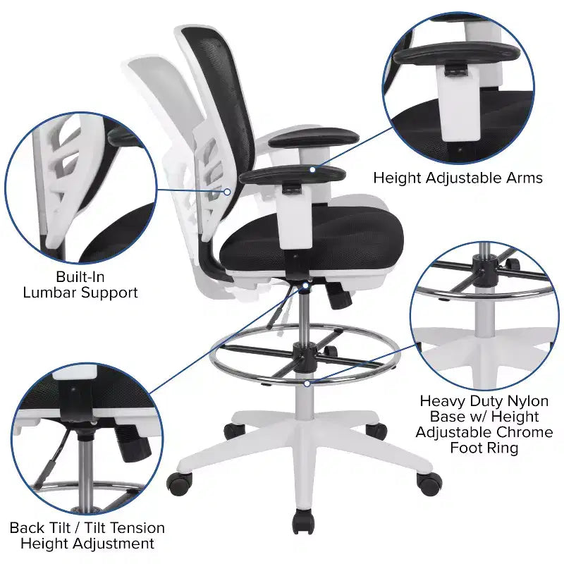 Mid-Back Mesh Ergonomic Drafting Chair with Adjustable Chrome Foot Ring, Adjustable Arms