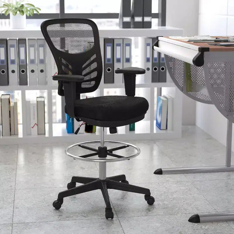 Mid-Back Mesh Ergonomic Drafting Chair with Adjustable Chrome Foot Ring, Adjustable Arms