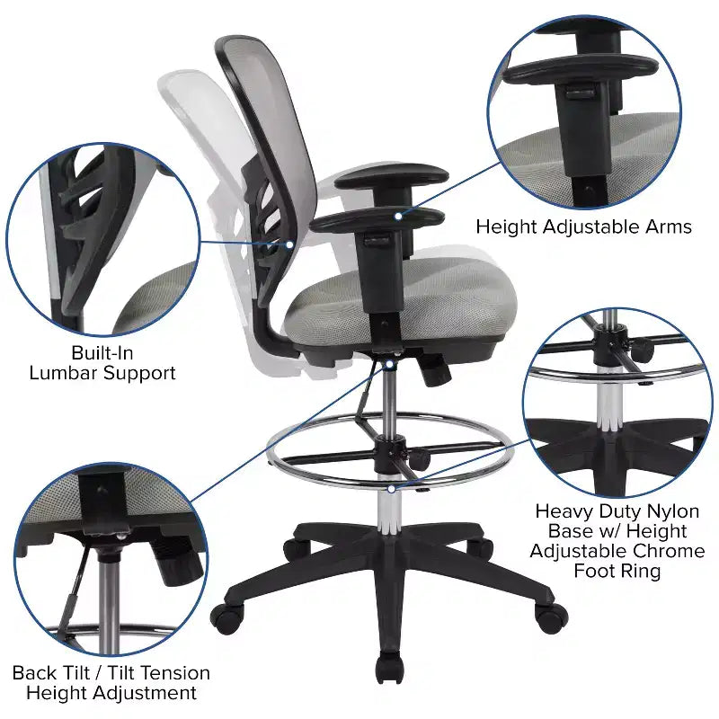 Mid-Back Mesh Ergonomic Drafting Chair with Adjustable Chrome Foot Ring, Adjustable Arms