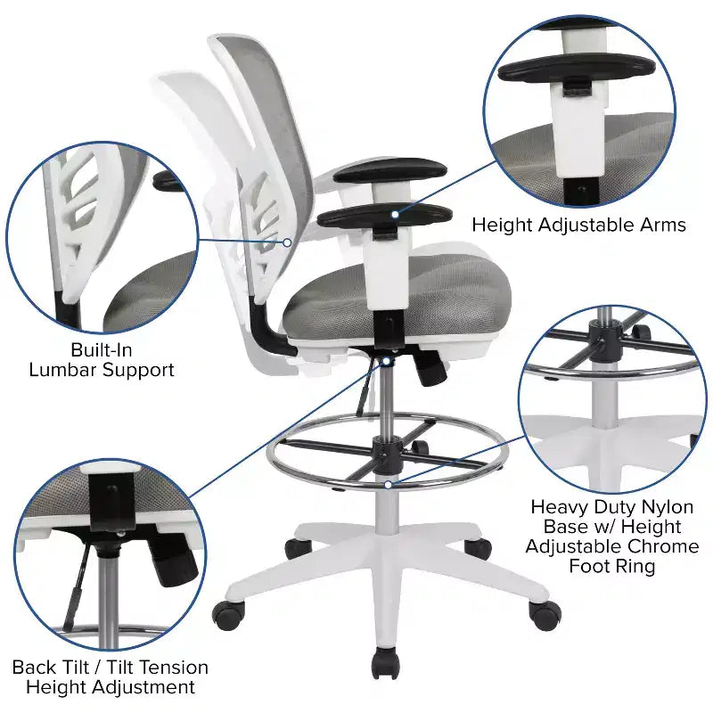 Mid-Back Mesh Ergonomic Drafting Chair with Adjustable Chrome Foot Ring, Adjustable Arms