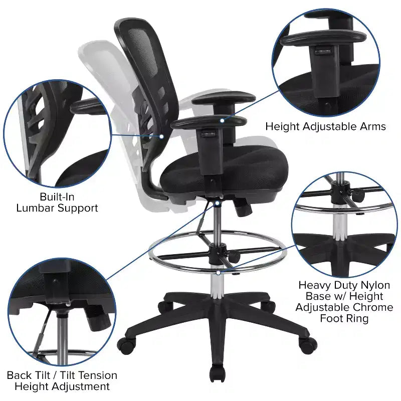 Mid-Back Mesh Ergonomic Drafting Chair with Adjustable Chrome Foot Ring, Adjustable Arms