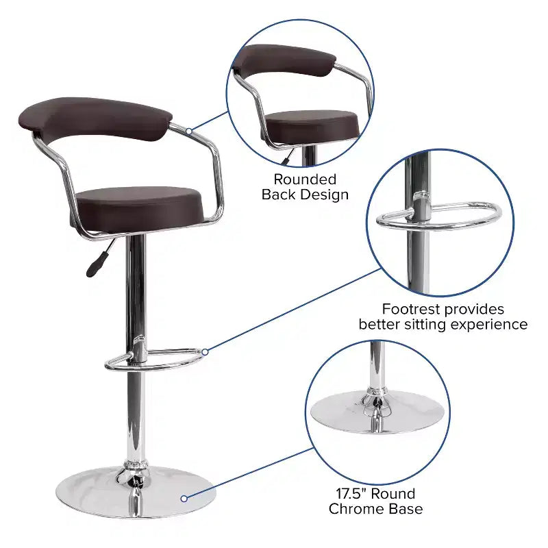 Contemporary Vinyl Adjustable Height Barstool with Arms and Chrome Base