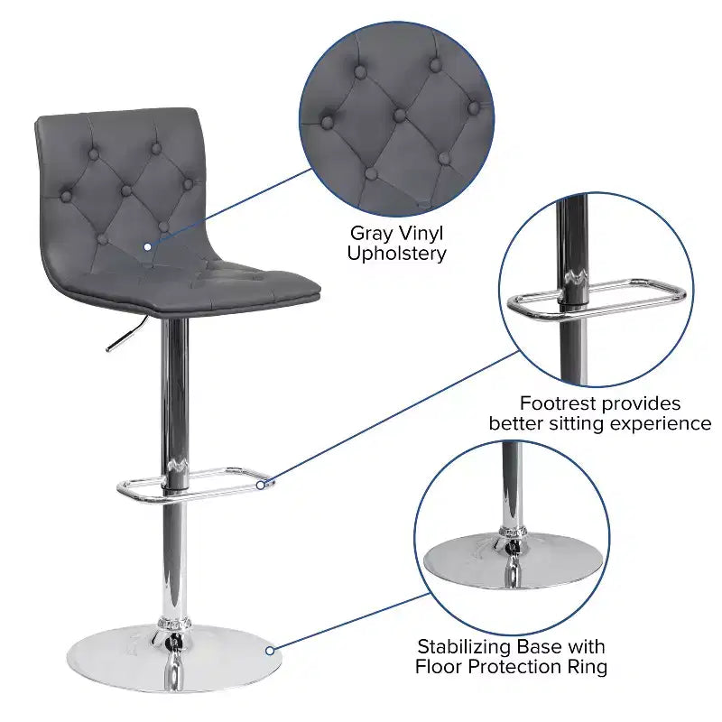 Button Tufted Vinyl Adjustable Height Barstool with Chrome Base